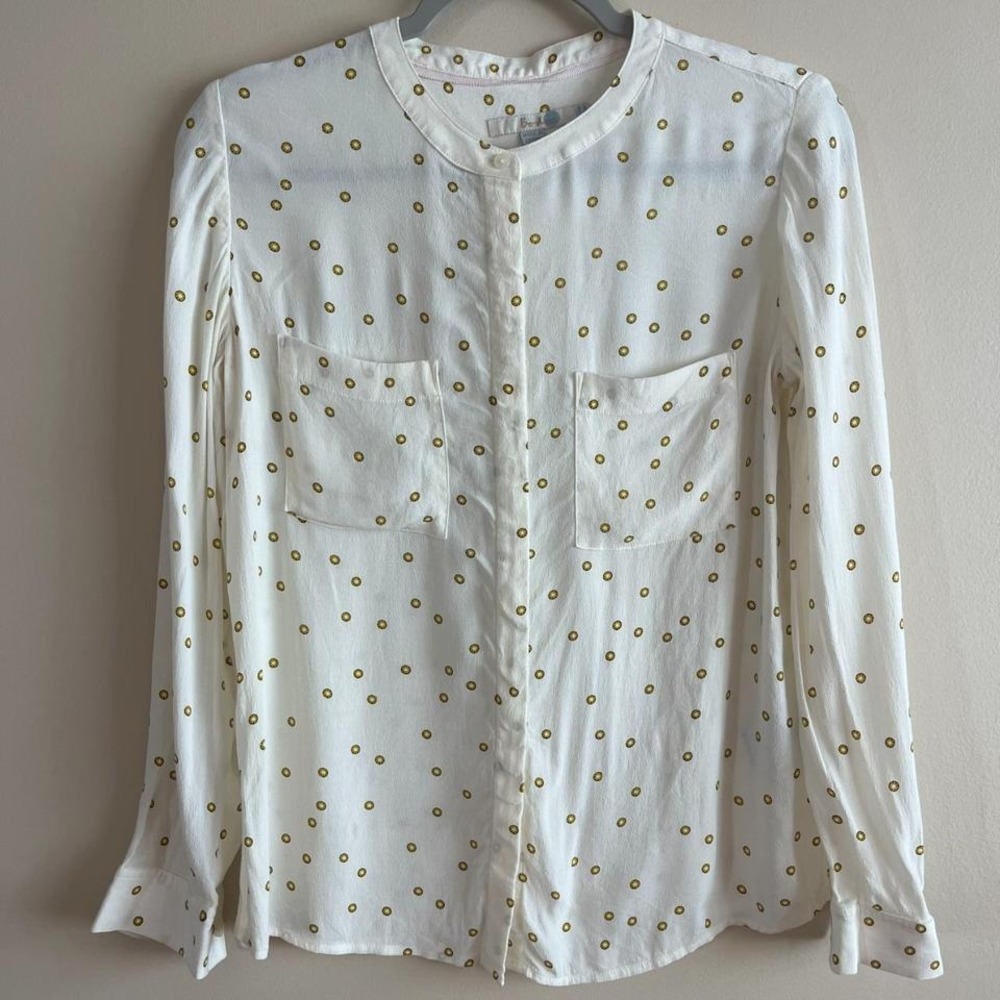 Boden Blouse US 8P Petite Cream Gold Daisy Print Long Sleeve Button‎ Front